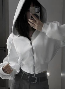 เสื้อสเวตเตอร์คอวีแขนยาวทรงเข้ารูปสีขาวสำหรับผู้หญิง ฤดูใบไม้ร่วง 2024 แจ็คเก็ตแบบมีฮู้ดซิปสองชั้น ทรงเข้ารูป แขนยาว ปกติ