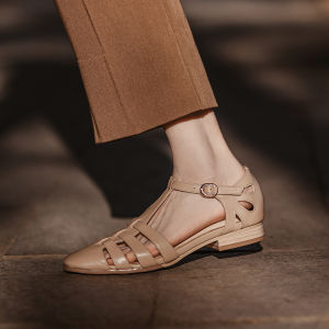 French style Retro Roman Closed Toe Sandals Women Summer Flat Hollow-out Woven Genuine Leather Mary Jane Womens Shoes