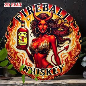 CIFbuy | [Vintage Pin-Up Art Sign] 1pc Vintage Pin-Up Art Metal Sign - Devilish Woman with Fire ball Whiskey Bottle Red-Haired Devil