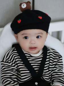 Korean Style Baby Boys Girls Knitted Beret Hat Pure Color Little Rabbit round Top Cute Infant Headwear Spring Autumn Winter