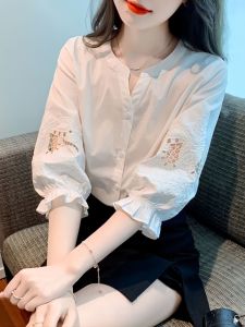 Embroidered Hollow out Bubble Sleeve Loose Fit Shirt Womens Summer Fashion Seven Quarter Sleeve Casual Style Polyester Fiber