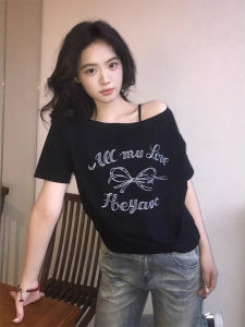 Off-shoulder Short Sleeve T-shirt Loose Slim-fitting Bow Patterned