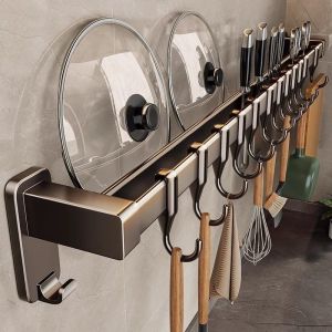 No-Drill Kitchen Hook Rack Rod Wall Mounted Multi-Purpose Storage Shelf for Pots Covers Spoons Knives Carbon Steel Hooks