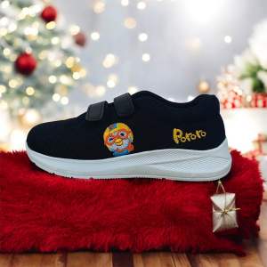 Sepatu Anak Bordir Karakter Pororo Umur 5-15 tahun Hitam Putih Size 28-37