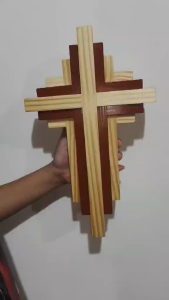 Solid wood wall cross hanging cross 15 inches high with layered design for home decor
