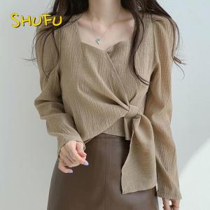 SHUFU 2086 Ready Stock chiffon blouse for women long sleeve crop top korean style plain casual blouse plus size square neck oversized