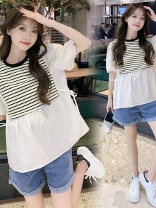 Summer Fashion Maternity T-Shirt Korean Style Short Sleeve Patchwork Stripes Top Cotton Blend round Neck Short Length