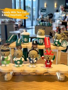Cute Creative Milk Tea Bear Keychain Coffee Cup Bag Pendant Couple Car Decorations Rubber Anime Themed Gift Keychains