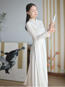 Elegant Cotton Linen Cheongsam Style Long Dress with Stand Collar for Women Tea Ceremony Performance High Class Ladies Fashion