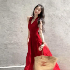 ZHENMANZI | Sleeveless Retro V-Neck Halter Red Summer A-Line Dress