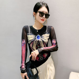 REHIN เสื้อคอกลมแขนยาวแฟชั่นสไตล์ยุโรปพร้อมเสื้อ Sablon Bunga หรูหราสำหรับผู้หญิงฤดูใบไม้ร่วง/ฤดูหนาวเสื้อยืดผ้าตาข่ายยุโรป