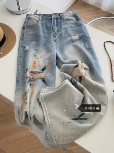 Quần Jeans Ống Rộng Dáng Thẳng Cạp Cao Cho Nữ Quần Jeans Denim Graffiti Cạp Cao Quần Jeans Dáng Rộng Thẳng Mùa Thu