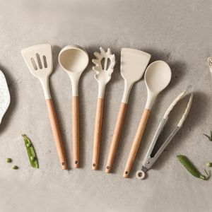 HomeAce Wooden Handle Slotted White Color Non-Stick Food Grade Silicone Kitchen Utensils