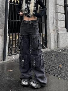 American High Street Multi-Pocket Work Pants Denim Loose Straight Leg Wide Leg Long Trousers Heavy Wash Womens Autumn New Style