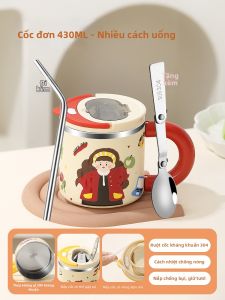 YOULUNMEI | Tách Inox Trẻ Em Có Nắp Và Muỗng Dễ Thương Cho Sử Dụng Cá Nhân