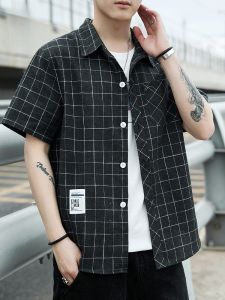 ROMON | Romon Mens Short Sleeve Shirt Casual Checkered Pattern Summer New Style Fashionable Loose Fit Workwear Jacket For Youth