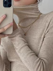 Elegant Long Sleeve High Collar Knitted Base Shirt Womens Autumn Winter Slim Fit Slimming Bulk Collar Sweater Simple Style Commute