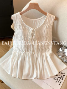Sweet French Style Bow-Tied round Neck Pleated Sleeveless Vest Top Womens Summer Doll Shirt Loose Fit Casual Versatile Tank Top