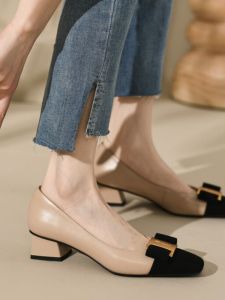 Soft Leather Chunky Heel Single Shoes Womens Autumn New Style Elegant Color Block French Style High Heels Fashionable Flats