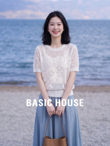 Basic House | Elegant White Lace Embroidery Thin Short Sleeve Knit Top
