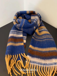 ผ้าพันคอขนาดใหญ่ลายทางสีน้ำเงินคลายๆ สำหรับผู้ชายและผู้หญิง แฟชั่นฤดูหนาว ผ้าคลุมไหล่ เนื้อผ้าผสมโพลีเอสเตอร์และขนสัตว์