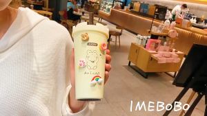 500ml Cute Thermo Water Bottle Stainless Steel Kawaii Insulated Mug For Coffee Bubble Milk Tea Cup With Straw 3D Sticker Strap