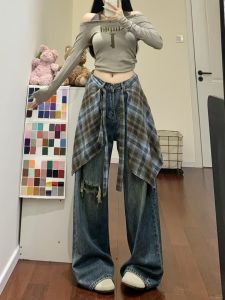 กางเกงยีนส์ทรงหลวมขาตรงลายสก็อตสไตล์ย้อนยุคสำหรับผู้หญิง กางเกงยีนส์ขาดขากว้างทรงหลวมฤดูใบไม้ร่วง 2025 ทรงหลวม ทรงสลิม ทรงหลวม