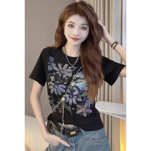 Elegant Hand-Painted American Style Short-Sleeve Womens T-Shirt Fashionable Versatile Shoulder-Length Top Summer Cotton Crew Neck
