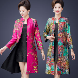 Sanzhai Ruched Plus Size Silk Both Sides Wear Jacket Ethnic Style Lightweight Coat over the Knee Chinese Style Top Mother Dress Female
