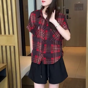 Áo Sơ Mi Kẻ Caro Thời Trang Tay Ngắn Dáng Rộng Cho Nữ Mùa Hè 2025 Áo Sơ Mi Cổ Polo Thường Ngày Đa Năng Giảm Tuổi