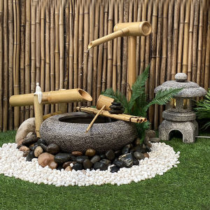 Solar Powered Outdoor Garden Bamboo Water Feature Self-Circulating Rock Bowl Deer Startling Sculpture Vintage Style Home Decor