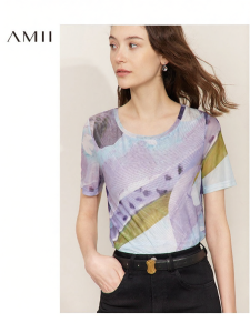 AMII | Artistic Abstract Print Round Neck Mesh T-shirt