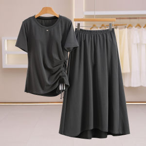 Pleated and Tied Waistband Top and Skirt Set