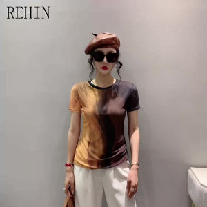 REHIN Womens top Fashion mesh printed short-sleeved T-shirt round-neck slim-fit S-3XL trendy blouse