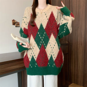 plus Size Christmas Sweater Autumn Winter Vintage Color Block Diamond Grid Loose Soft Knitted Top Lazy Style Versatile Sweet Style