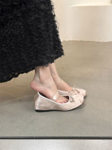 รองเท้าบัลเลต์ Mary Janes ทรงหัวมน พื้นแบน ด้านในสูง สำหรับผู้หญิง ทรงหัวมน ด้านนอกทำจากผ้าซาติน สีชมพู รองเท้าบัลเลต์สไตล์ฝรั่งเศส