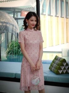 Ao Dai Style Pink Dot Lace Midi Cheongsam Dress 3030-20 蕾絲奧黛圓點粉中長旗袍裙