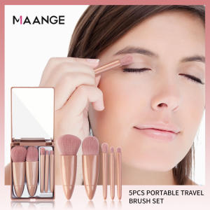MAANGE 5pcs Makeup Brushes With Mirror Multifunctional Portable Travel Foundation Blush Eye Shadow Beauty Set