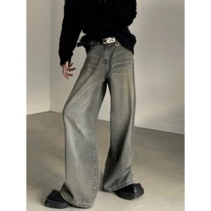 Washed Denim Jeans Mens Straight Loose Paris Wide Leg Pants Trendy American Retro Design Autumn Mountain Wind Youth Casual Wear