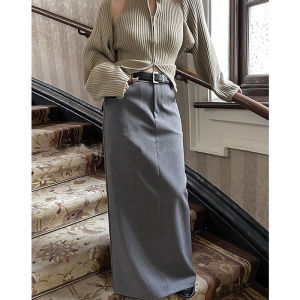 plus Size Grey Long Straight Tailored Skirt High Waist Slim Fit Casual Suit Style Split A-Line Skirt for plus Size Women