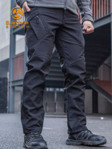 Outdoor Thickened Fleece Soft Shell Pants Mens Winter Warmth Reflecting Windproof Skiing Hiking Climbing Trousers Waterproof