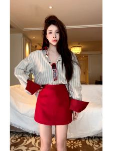 Váy Ngắn Chữ a Cạp Cao Màu Đỏ Phong Cách Retro Cho Nữ Mùa Thu Váy Ngắn Che Hông Chống Ánh Sáng Váy Ngắn