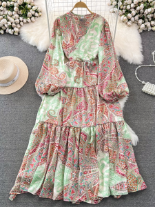 Elegant V-neck A-line Print Long Dress Slimming Lantern Sleeve Midi Skirt Korean Style Commute High Waist Gown Womens Dress