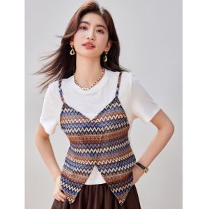 Slim Fit V-Neck Splice Knitted Top Womens Summer New Style Retro Short Sleeve T-Shirt Casual Commute Thinming Upper Apparel