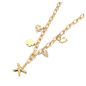 Lokaer Womens Ocean Charm Necklace PVD Plated Stainless Steel Starfish Shell Pearl Pendant Waterproof Summer Jewelry N25037