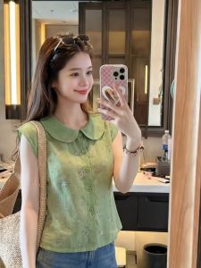 PAIBOLI | Áo Thun Elegance Phong Cách Thiết Kế Thanh Lịch In Hoa Cổ Peter Pan Màu Xanh
