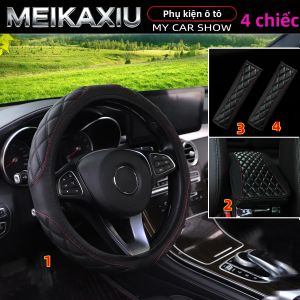 Bộ 4 Miếng Bọc Vô Lăng Xe Hơi Bằng Da PU 38cm Kèm Miếng Đệm Tay Vịn Đàn Hồi Bảo Vệ Vai Giúp Lái Xe Thoải Mái Phụ Kiện Ô Tô
