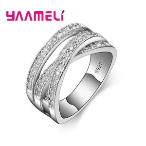 Fashion Women Men Rings 925 Sterling Silver Color Jewelry Crystal Inlay Overpass Bague Bijoux Dropshipping 5-13