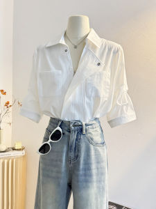 WANGGONGZHU | Elegant White Short Sleeve Commuter Shirt Womens Double Pocket Design Summer 2025 New Style Loose Fit Button Up Top