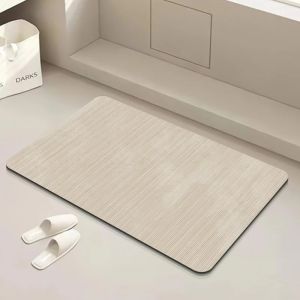 VIKAMA Beige Geometric Lines Bathroom Mat Quick Dry Absorbent Non Slip Bath Rug Neutral Tone for Shower Room Home Decor